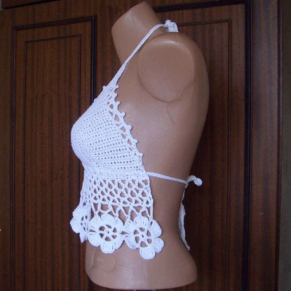 White Crochet Crop Top With Flower Hem , Lace Backless Bralette