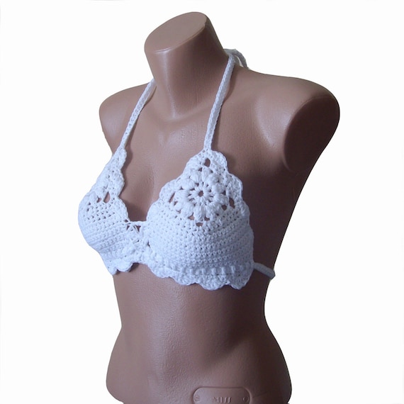 White Crochet Bralette , Boho Crop Top , Flower Bra , Knit Halter Top  Custom , Brazilian Bikini Top -  Canada