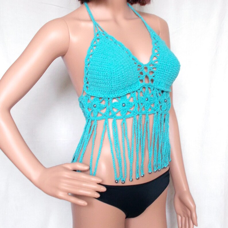 Boho Crochet Flower Tank Top With Beaded Fringes Turquoise Etsy