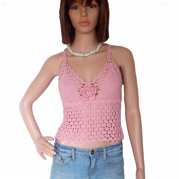 Pink crochet crop top , Lace cross back tank top , Boho bralette custom , Festival bustier top