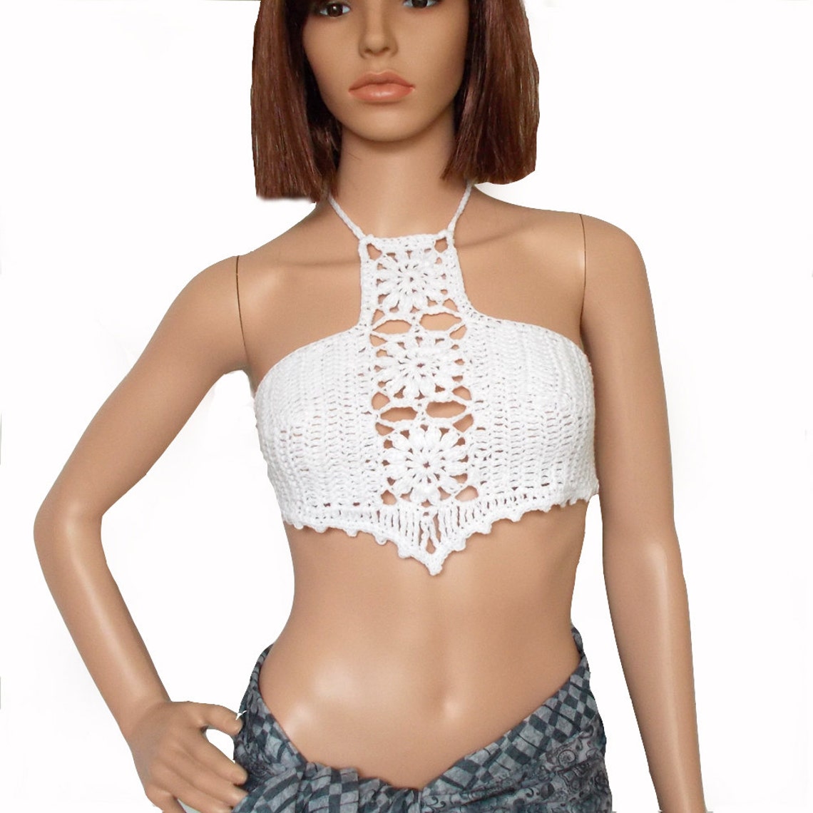 Women's White Floral Applique Halter Neck Crop Top
