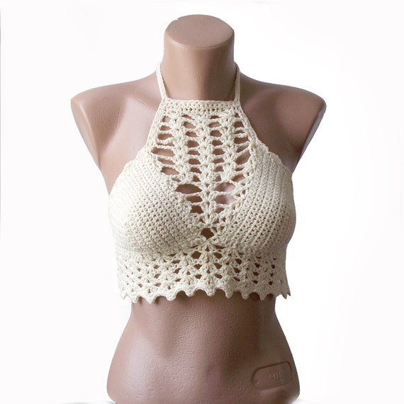 Crochet crop top Cream bikini top High neck bikini