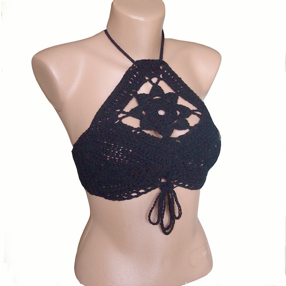 Black Crochet Crop Top , High Neck Lace Bralette , Boho Halter Top Custom ,  Festival Flower Bra -  Canada