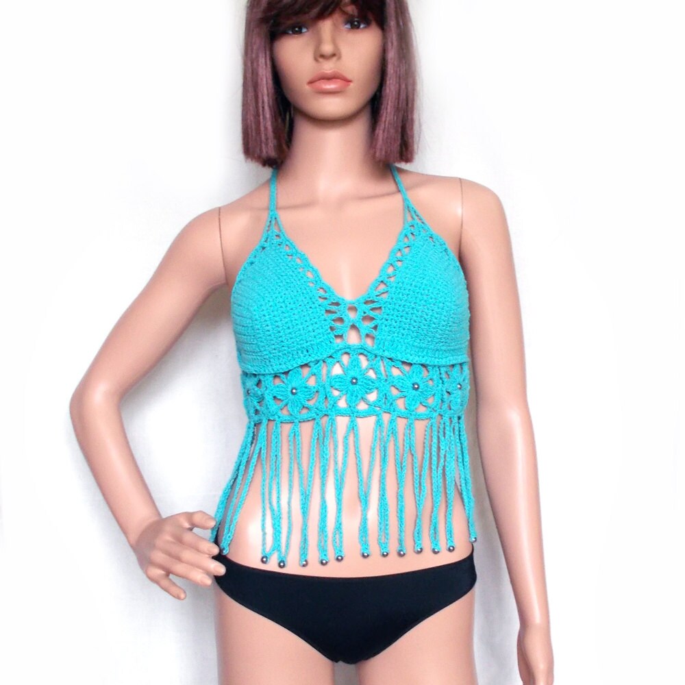 Boho crochet flower tank top with beaded fringes Turquoise Etsy