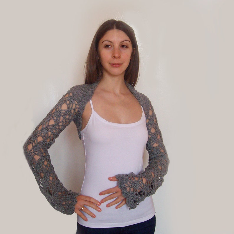 Gray Bolero Jacket With Long Sleeves Crochet Lacy Multi Etsy Australia