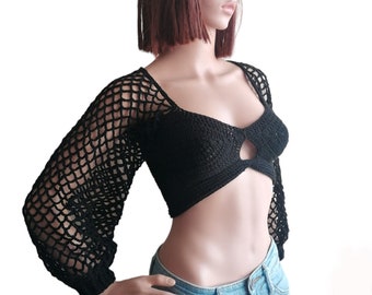 Boho Chic Crochet Top with Mesh Long Sleeves, Black Corset Back Bralette Custom , Festival Fashion
