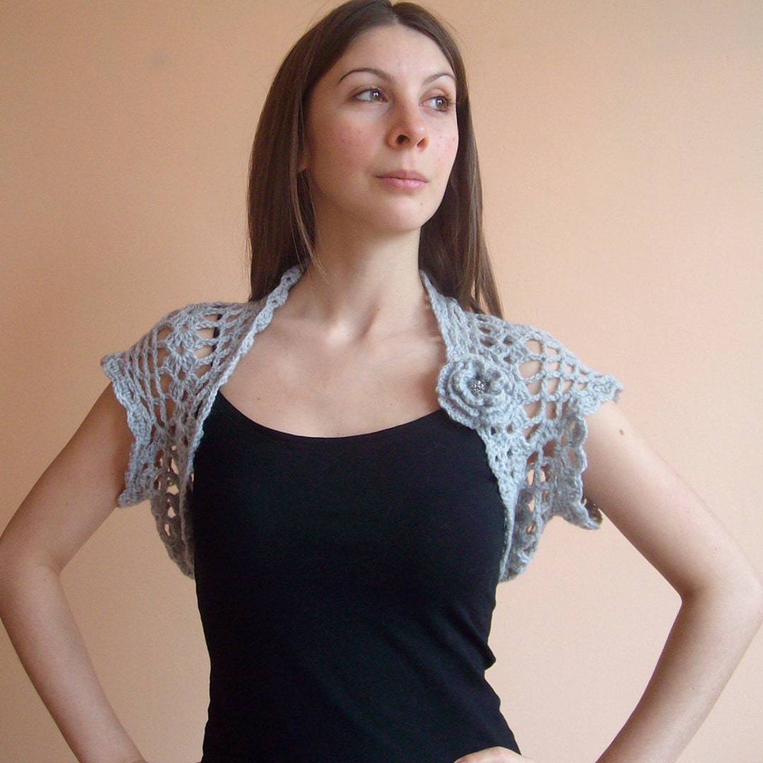 Crochet Short Bolero Jacket With Flower Broosh , Grey Cropped