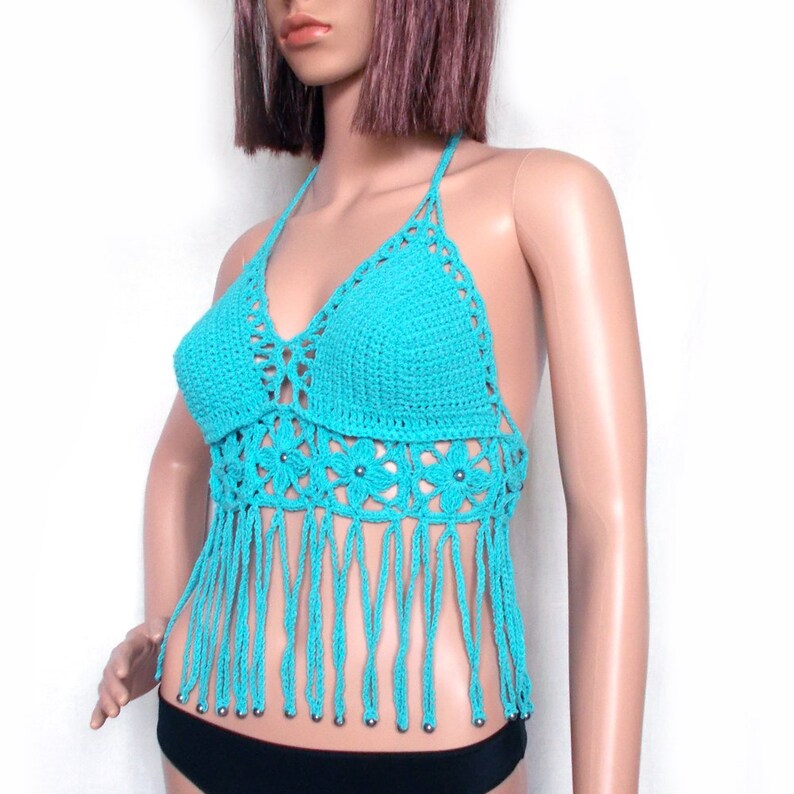 Boho Crochet Flower Tank Top With Beaded Fringes Turquoise Etsy
