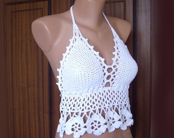 White Crochet Crop Top with Flower Hem  , Lacy Backless Bralette , Festival Halter Top Custom