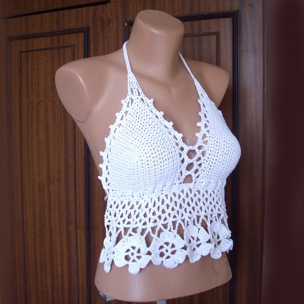 White Crochet Crop Top with Flower Hem  , Lace Backless Bralette , Festival Halter Top Custom