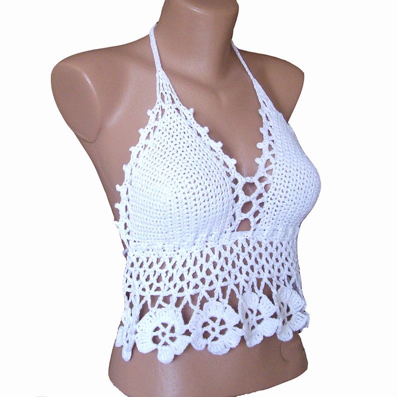 White Crochet Crop Top With Flower Hem , Lace Backless Bralette ...