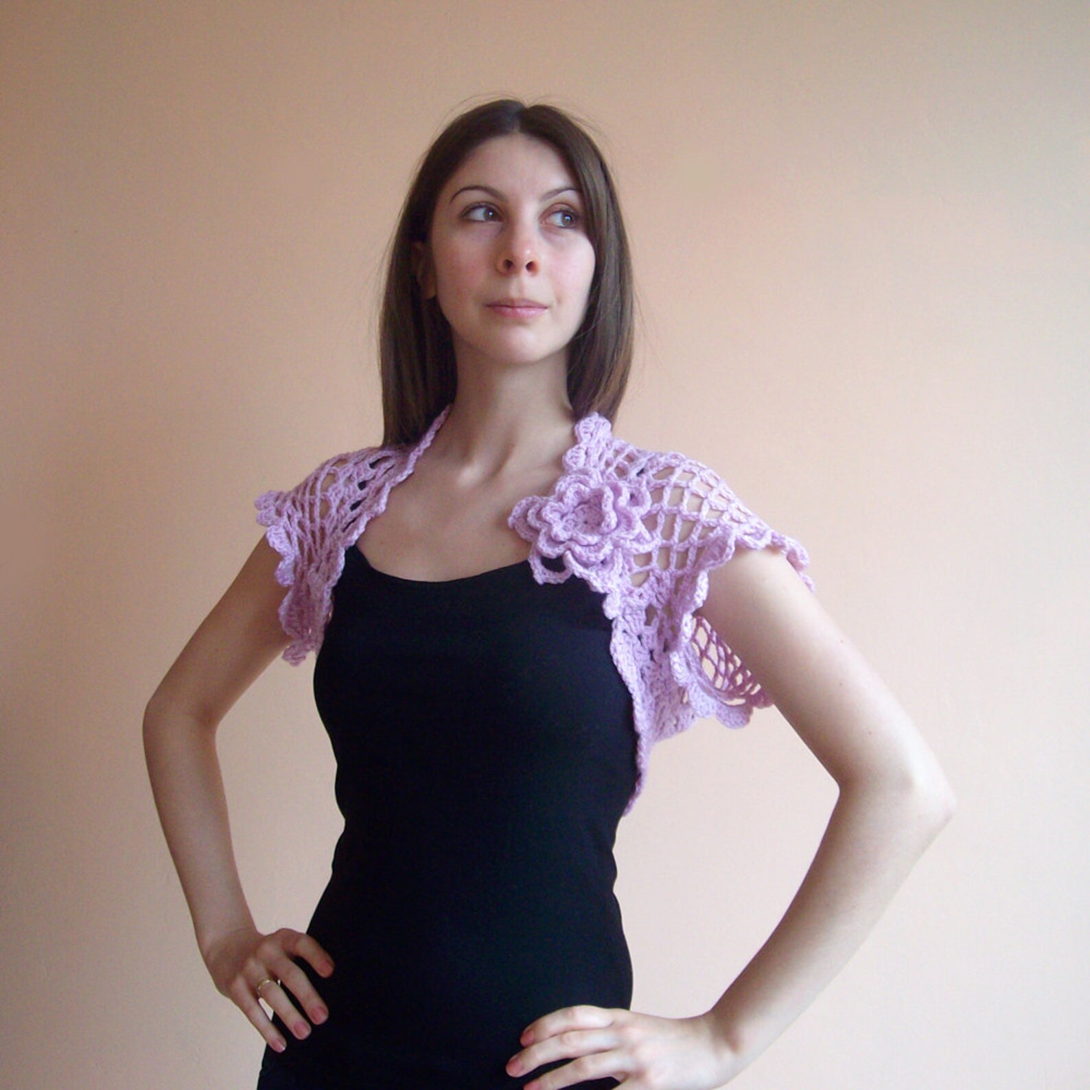 Crochet Short Bolero Jacket With Flower Broosh Grey Cropped Etsy