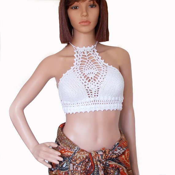 White Crop Top , Crochet Backless Halter Top , Sexy Knit Bralette ,  Coachella Outfit -  Canada