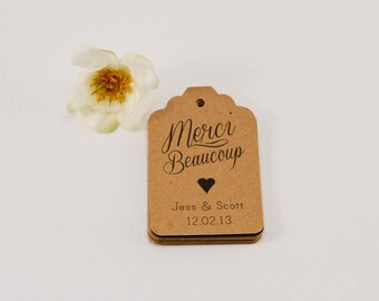 25- Kraft Paper Merci Beaucoup, Wedding Thank you Tag, Customizable Thanks Tag, Cottage Rustic Chic Thank you Tag, Shower Tag, Favor Label