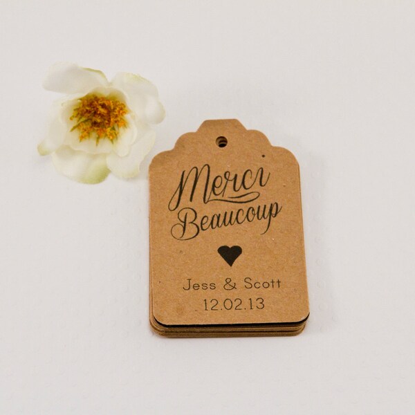 25- Kraft Paper Merci Beaucoup, Wedding Thank you Tag, Customizable Thanks Tag, Cottage Rustic Chic Thank you Tag, Shower Tag, Favor Label