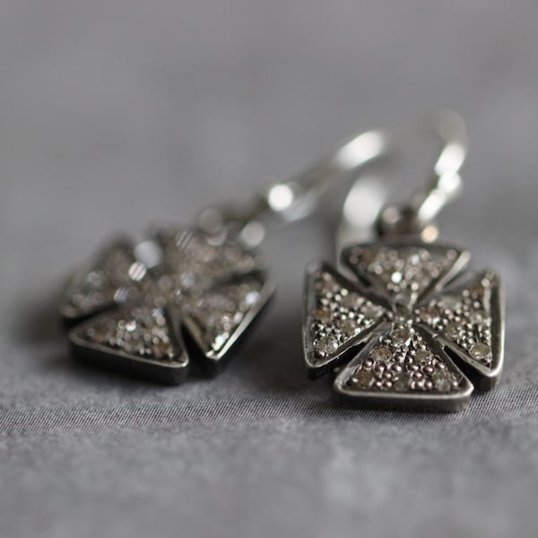 Pave Diamond Cross Earrings, Genuine Diamond Earrings, Sterling Silver Dangle Earrings, Cross Charms