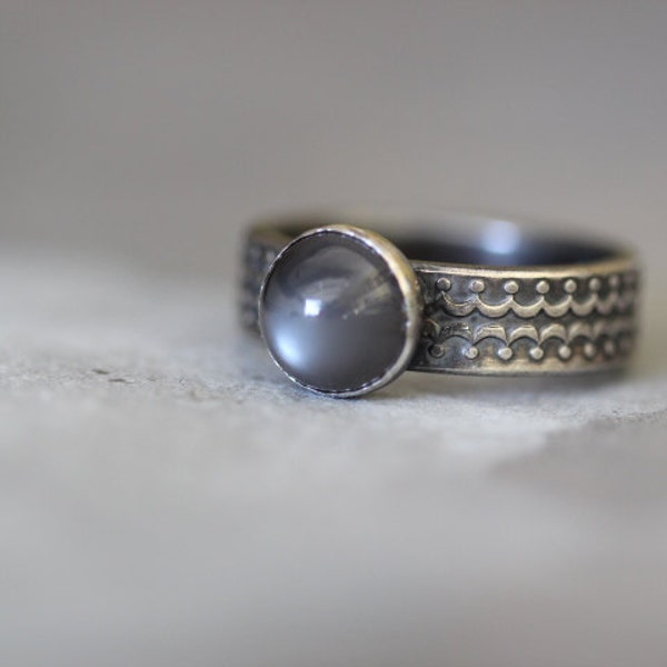 Grey Moonstone Ring, Cat Eye, 8mm Smooth Gemstone, Wide Band, Sterling Silver, Bezel Setting, Size 7