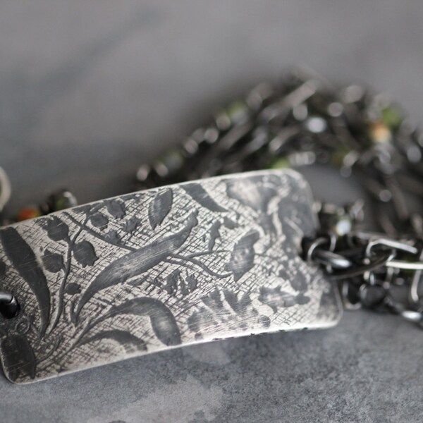 ID Bracelet, Embossed Texture, Botanical, Bar and Chain Bracelet, Rustic Multi Strand Bracelet, Wire Wrapped, Chain Bracelet, Link Bracelet