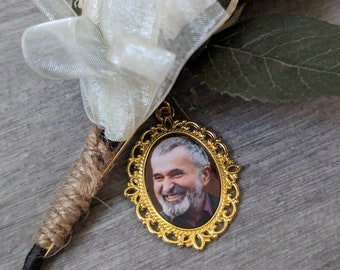 Personalized Wedding Memorial Pin - Bridal Bouquet or Groom Boutonniere Memorial Photo Charm - Gold or Silver - FREE SHIPPING