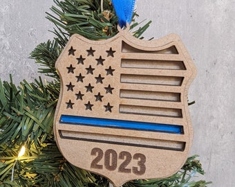 Thin Blue Line 2023 Christmas Ornament - Police Badge with Blue Line Ornament - FREE SHIPPING