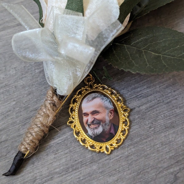 Personalized Wedding Memorial Pin - Bridal Bouquet or Groom Boutonniere Memorial Photo Charm - Gold or Silver - FREE SHIPPING