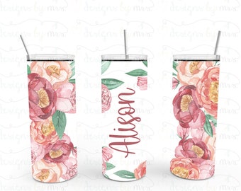 Personalized Pink Peony Tumbler - Pink Peony Floral Customized With Your Name - 20 Oz Skinny Tumbler - FREE SHIPPING