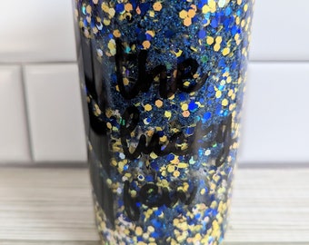 The Lucky Few - Blue and Yellow Glitter 12 oz Snow Globe Tumbler with Bamboo Lid and Plastic Straw - Down Syndrome Awareness - FREE SHIPPING