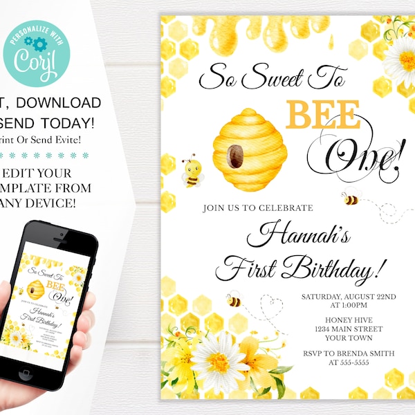 Honey Bee 1st Birthday Invitation Template, So Sweet To Be One Bumble Bee Birthday Invites, 5x7 Digital Download