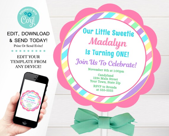 Invitations &amp; Announcements Paper Digital Printable Lollipop Invitation Lollipop Birthday Party ...