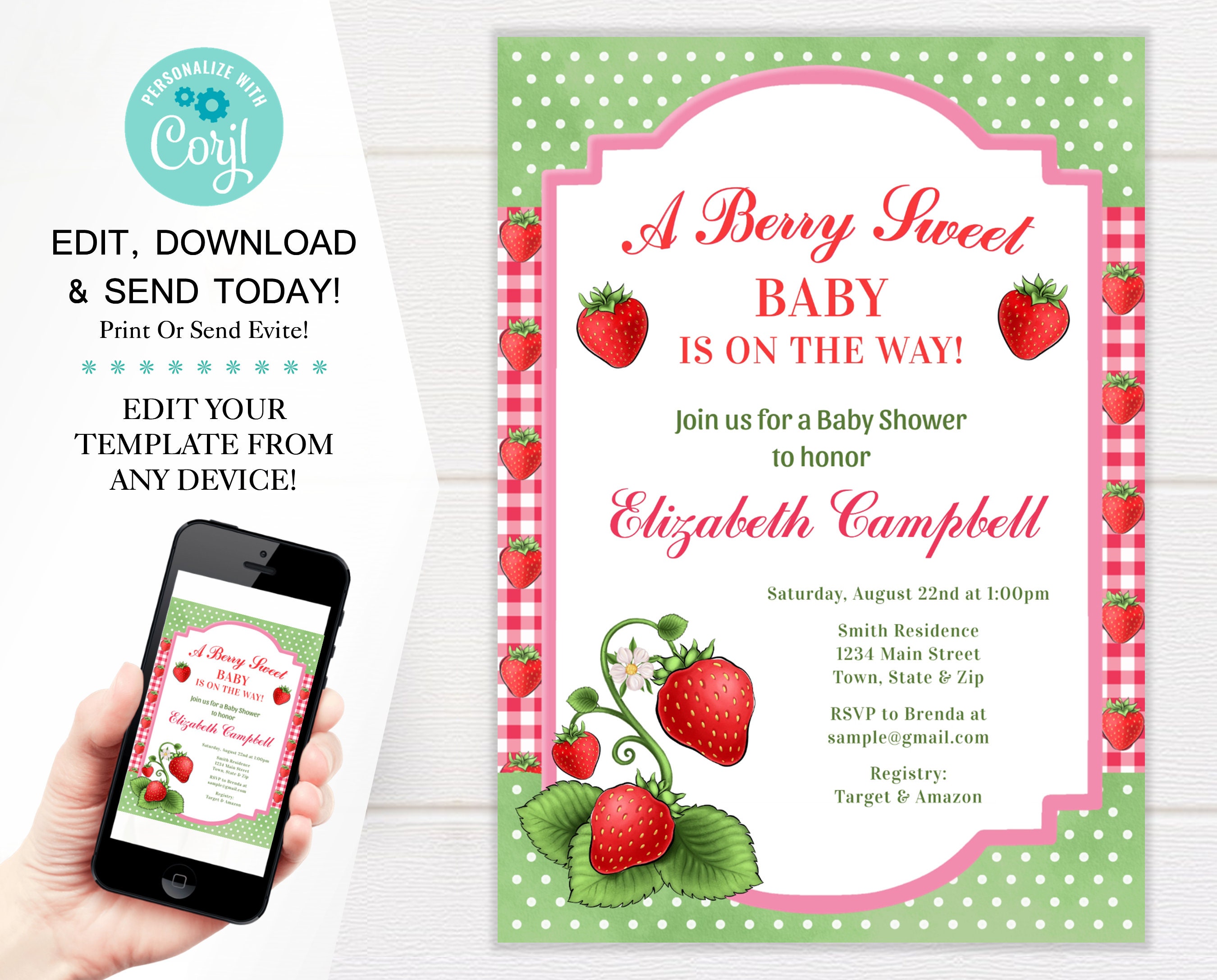 Editable Strawberry Baby Shower Invitation Berry Sweet Baby Shower Invite  Berry Sweet Baby Shower Invite Printable 236V1 1 -  Denmark