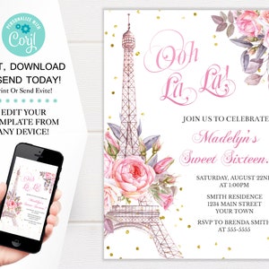 Paris  Eiffel Tower Birthday Invitation Template, Parisian Birthday Invites, 5x7 Digital Download