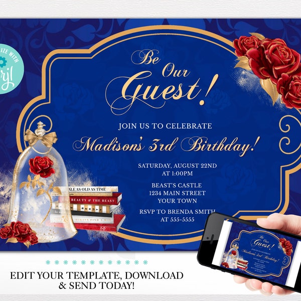 Beauty And The Beast Birthday Invitation Template, Be Our Guest Themed Birthday Invites, 5x7 Digital Download