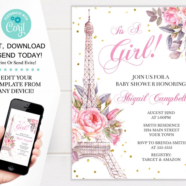 Paris Eiffel Tower Baby Shower Invitation Template, Parisian Shower Invites, 5x7 Digital Download