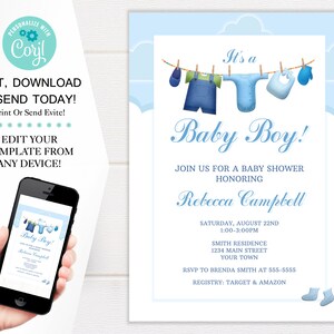 Baby Boy Clothes Laundry Shower Invitation Template, Baby Clothesline Shower Invites, 5x7 Digital Download