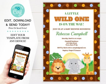 Jungle Safari Baby Shower Invitation Template, Wild One, 5x7 (Digital Download)
