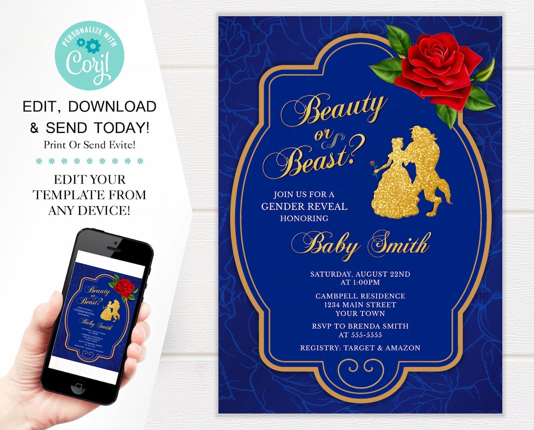 Beauty and the Beast Gender Reveal Invitation, Be Our Guest Theme, 5x7 Digital Download Template