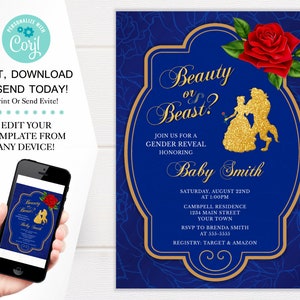 Beauty And The Beast Gender Reveal Invitation, Be Our Guest Theme, 5x7 Digital Download Template