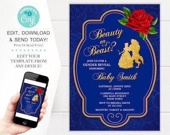 Beauty And The Beast Gender Reveal Invitation, Be Our Guest Theme, 5x7 Digital Download Template