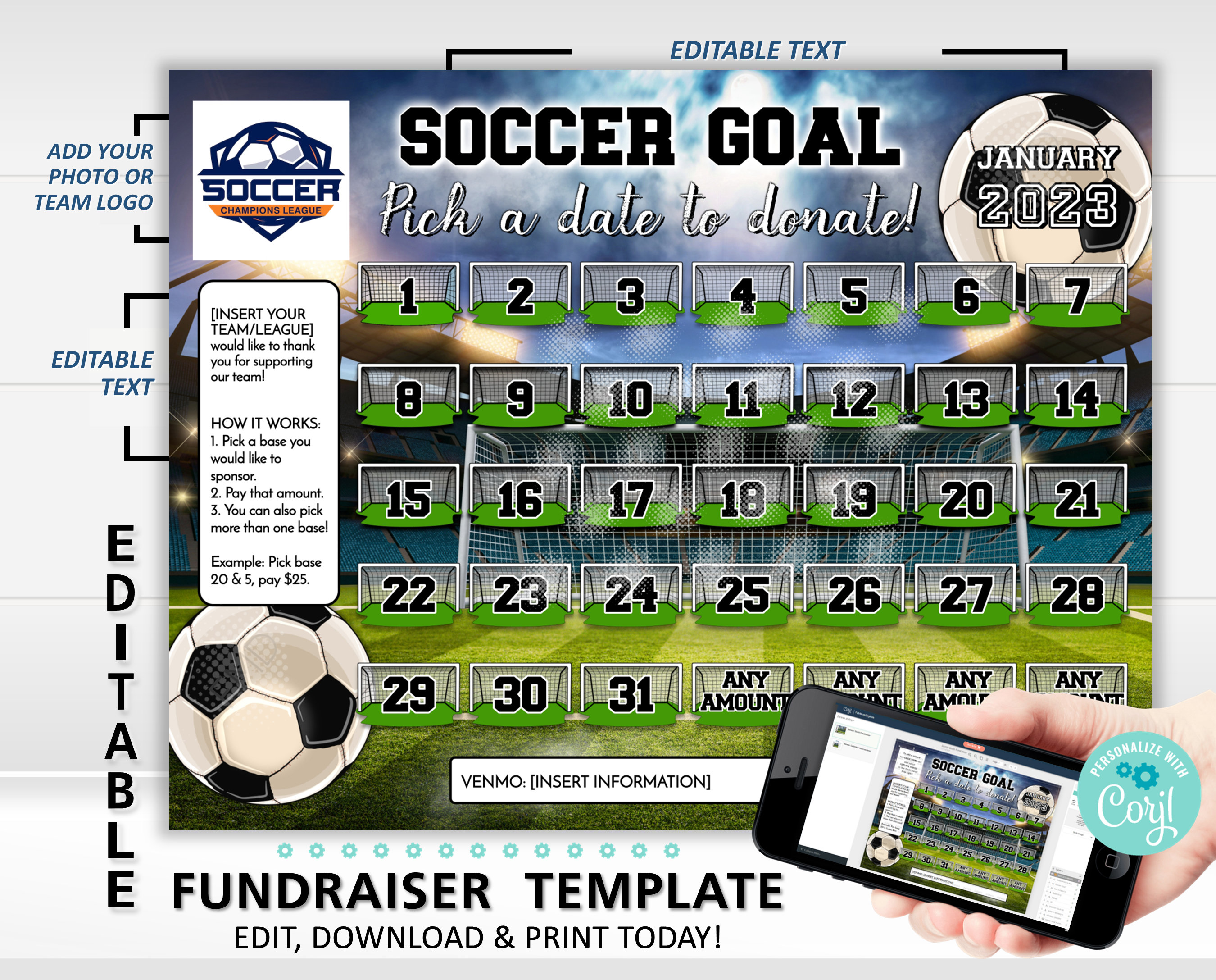 Editable Soccer Calendar Fundraiser Template | Clear The Board Fundraising Made Easy | 8.5x11 Digital Download