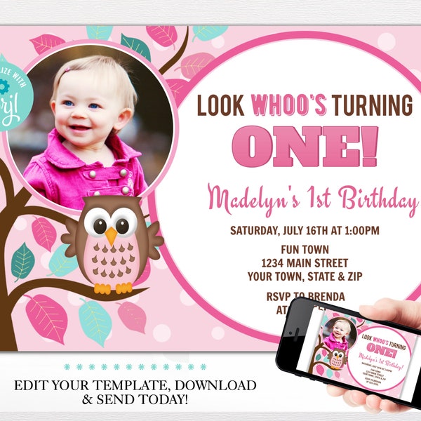 Owl Girl 1st Birthday Invitation Template, Look Whoo's Turning One Birthday Invites, 5x7 Digital Download