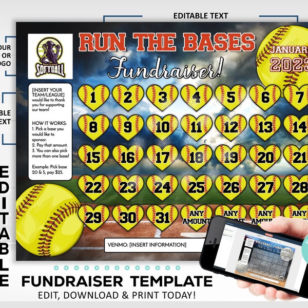 Editable Softball Heart Calendar Fundraiser Template, Valentine's Day Clear The Board Fundraising Made Easy, 8.5x11 Digital Download