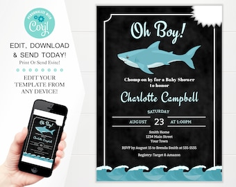 Baby Shark Shower Invitation Template, Chomp On By For A Baby Shower Invites, 5x7 Digital Download