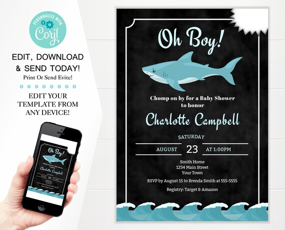 Baby Shark Shower Invitation Template, Chomp On By For A Baby Shower Invites, 5x7 Digital Download