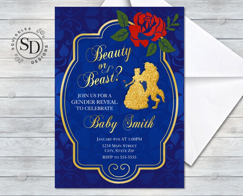 Beauty and the Beast Gender Reveal Invitation Personalized Etsy