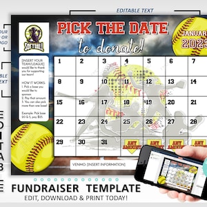 Editable Softball Calendar Fundraiser Template | Pick A Date To Donate Fundraising Made Easy | 8.5x11 Digital Download