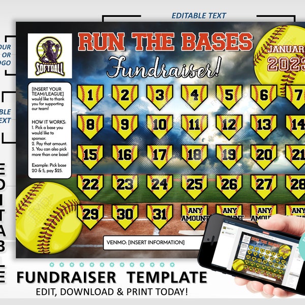 Editable Softball Calendar Fundraiser Template, Clear The Board Fundraising Made Easy, 8.5x11 Digital Download