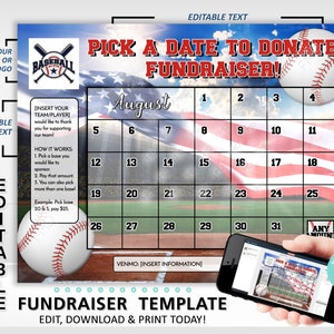 Editable Baseball Calendar Fundraiser Template | Pick A Date To Donate | Fundraising Made Easy | 8.5x11 Digital Download \ US Flag