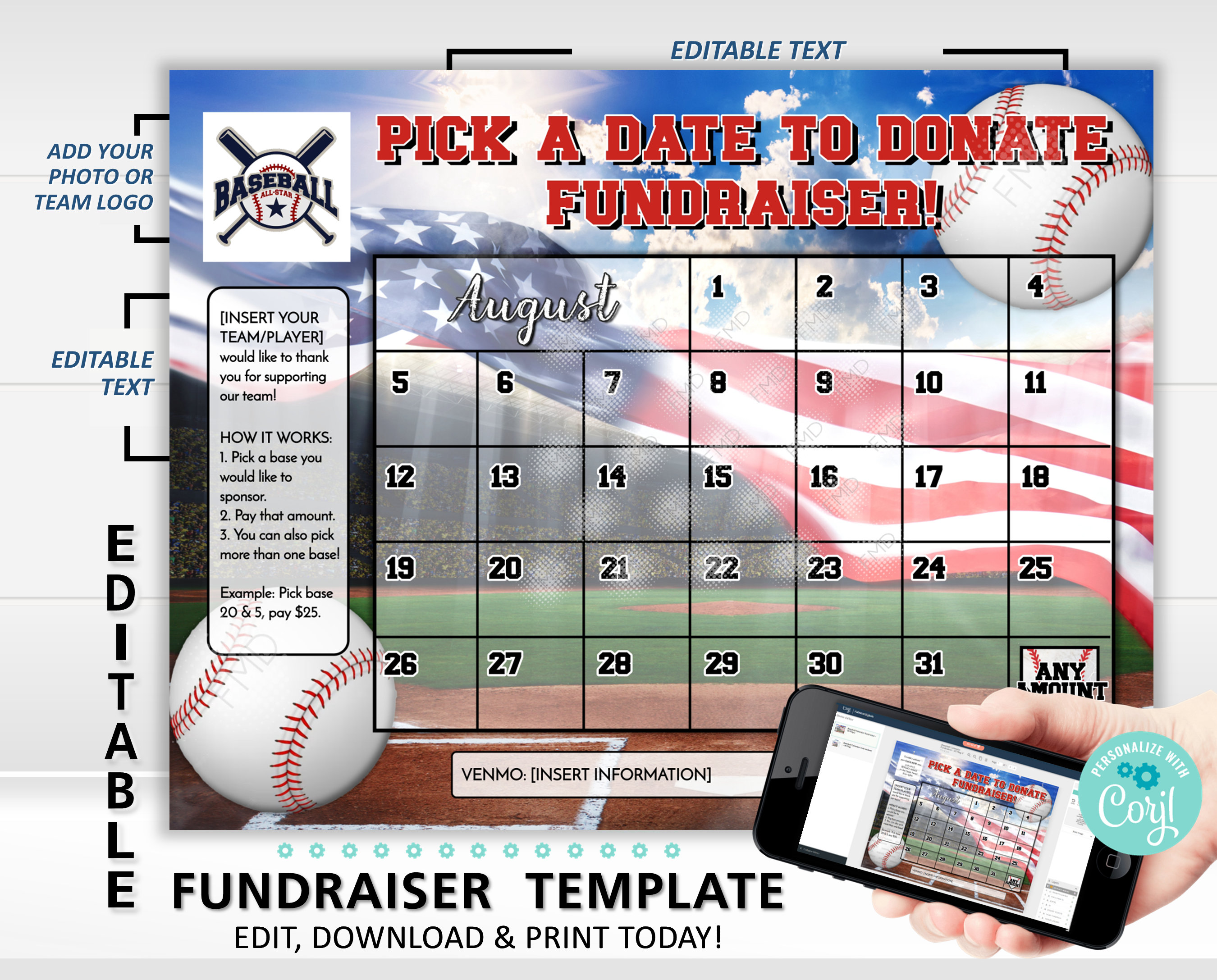 Editable Baseball Calendar Fundraiser Template Pick A Date to Donate  Fundraising Made Easy 8.5x11 Digital Download US Flag - Etsy