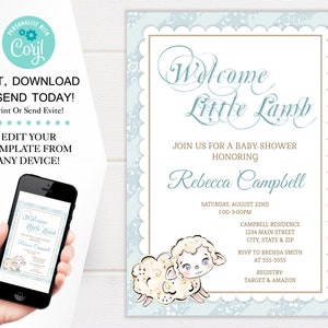 Little Lamb Baby Shower Invitation Template, Baby Boy Lamb Shower Invites, 5x7 Digital Download