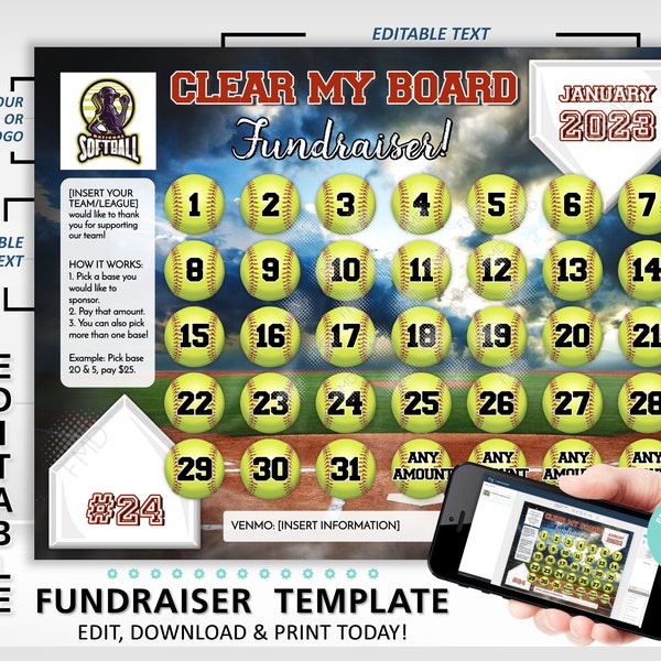 Editable Softball Calendar Fundraiser Template, Clear The Board Fundraising Made Easy, 8.5x11 Digital Download